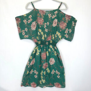 A'GACI Mini Dress Women S Green Floral Chiffon Smocked Waist Cold Shoulder Sheer